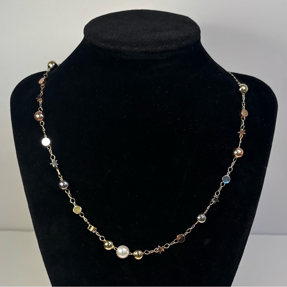 18k tricolor gold-plated star necklace with pearls and beads